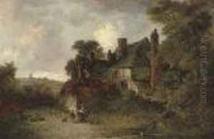 Feeding The Chickens Before A Cottage, A Windmill Beyond