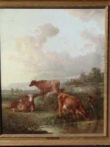 East Anglian Landscape With Cattle To Thefore, A Windmill And Cottage Beyond