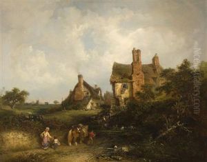 A Family Returning From Market, With Pond And Houses Beyond