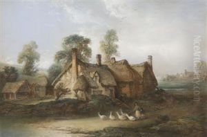 A Goose Girl With Her Flock Before Thatched Cottages by Edward Robert Smythe