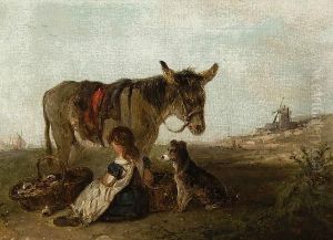 Girl On Donkey On The Sea Shore by Edward Robert Smythe