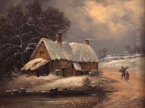 Winter Landscape With Figures Outside A Thatched Cottage by Edward Robert Smythe