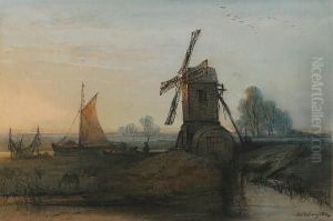 A Broadland Scene At Evening, With A Windmill In The Foreground A Broadland Scene At Evening, With A Windmill In The Foreground