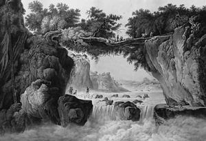 Travellers and Bearers crossing a Waterfall in a topographical Landscape by English School