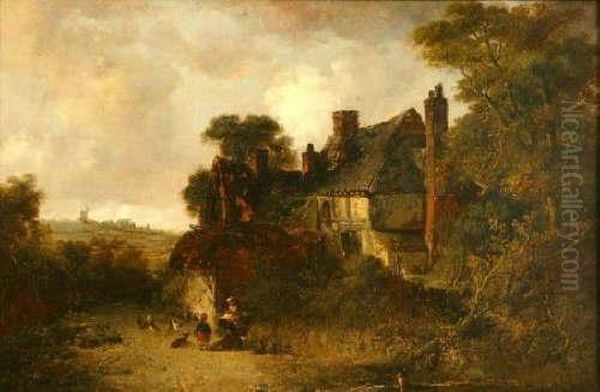 Figures, Dogand Domestic Fowl In A Country Lane Before A Cottage, Windmill Indistance - view 1