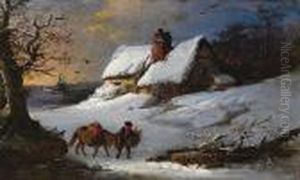Figure And Pony In The Snow Before A Thatched Cottage