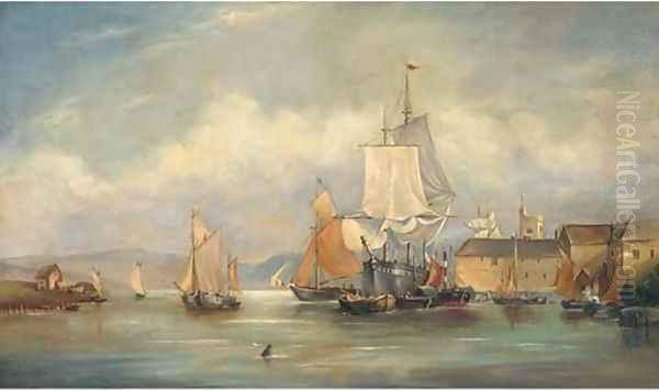 Vessels moored off a town harbour - view 1