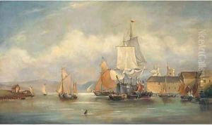 Vessels moored off a town harbour by English School