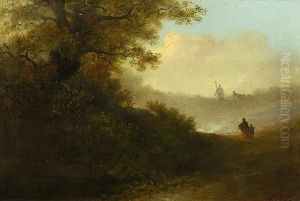 Figures On A Country Lane With Windmill Beyond by Edward Robert Smythe