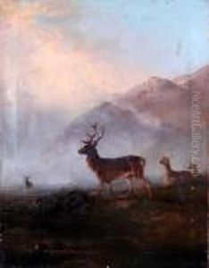 Deer In A Mountainous Landscape by Edward Robert Smythe