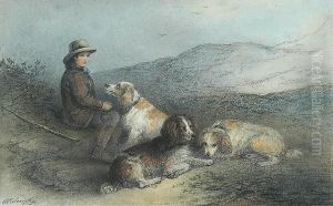 A Young Boy With His Dogs In A Mountainous Landscape by Edward Robert Smythe