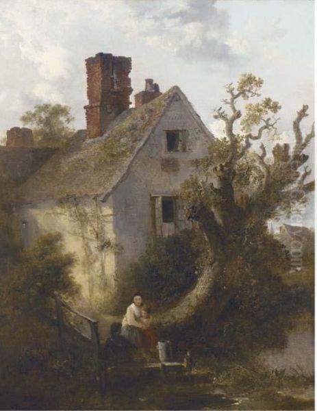 Children Before A Riverside Cottage - view 1