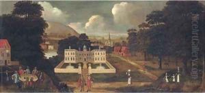 View of a country house, beside a river, with figures in the foreground and a town beyond by English School