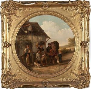 Summer - An Organ Grinder With His Monkey Entertaining Children At A Cottage Gate