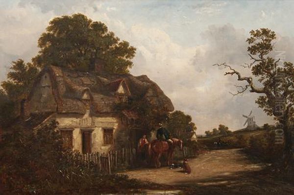 Figures In Conversation At A Cottage Gate, With Windmill Beyond - view 1