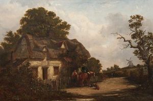 Figures In Conversation At A Cottage Gate, With Windmill Beyond