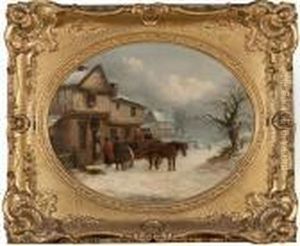 Winter - Horse And Cart Before Cottages In A Snow Covered Landscape by Thomas Smythe