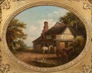 Plough Horses At A Pond And Figures In Conversation Before A Farmhouse, Summer by Thomas Smythe