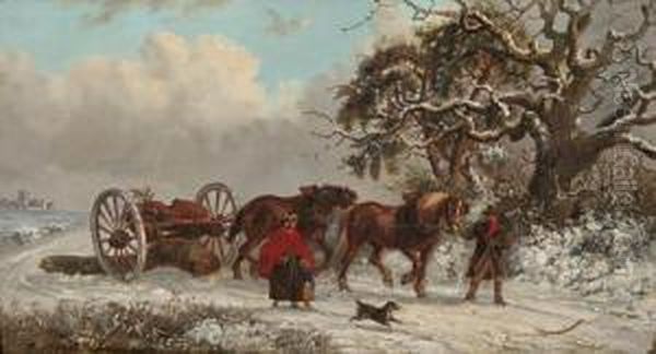Figures With A Holly Decorated Timber Drag In A Snow Covered Landscape - view 1