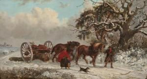 Figures With A Holly Decorated Timber Drag In A Snow Covered Landscape by Thomas Smythe