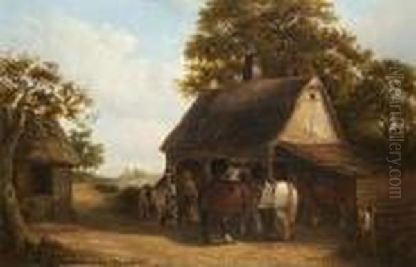 Figures In Conversation, A Donkey And Plough Horses Before A Stable - view 1