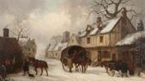 Carts In A Village Street In The Snow, A Forge To The Left by Thomas Smythe