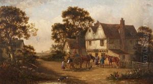 Going To Market - Figures, A Laden Cart And Horses Before A Farmhouse