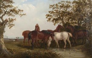 Horses Beneath Old Oaks With Meadows Beyond by Thomas Smythe