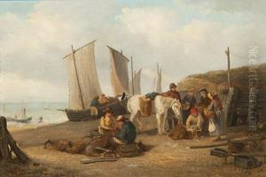 A Busy Beach Scene With Vessels, A Pony And Figures Buying Fish And Mending Nets