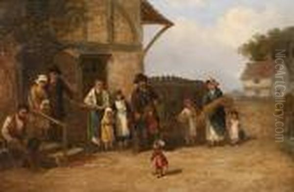 The Itinerant Organ Grinder With His Performing Monkey Entertaining A Small Audience by Thomas Smythe