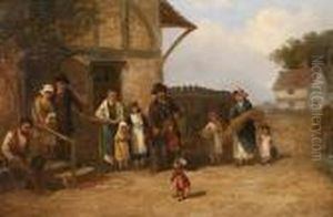 The Itinerant Organ Grinder With His Performing Monkey Entertaining A Small Audience by Thomas Smythe