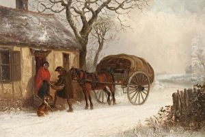 Winter; Horse And Cart At A Cottage Doorway In A Snowy Landscape by Thomas Smythe