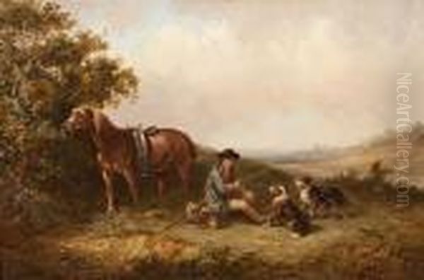 The Lunch Time Break, Farm Worker With Horse And Dogs Resting In A Landscape - view 1