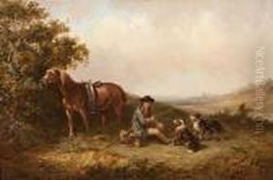 The Lunch Time Break, Farm Worker With Horse And Dogs Resting In A Landscape
