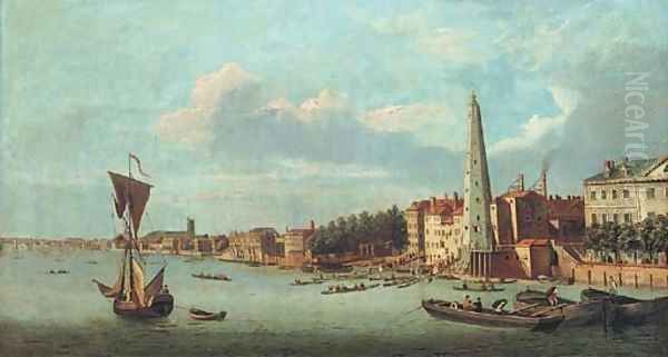 View of the Thames, the tower of the York Buildings Waterworks Company, with Westminster Bridge and Westminster Abbey beyond - view 1