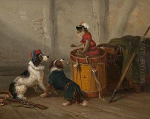 Monkey Seated On A Drum Teasing Two Spaniels by Thomas Smythe