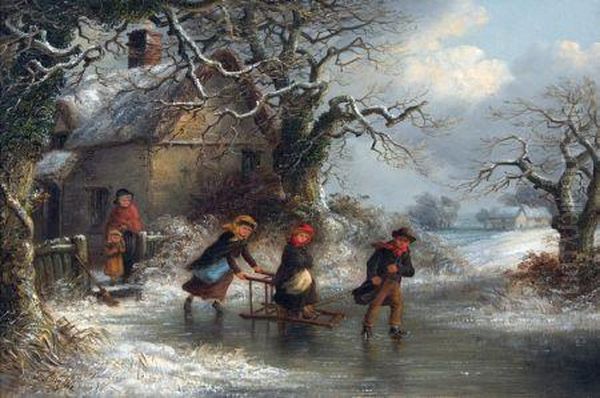 Winter Scene With Children Sledging On A Chair - view 1