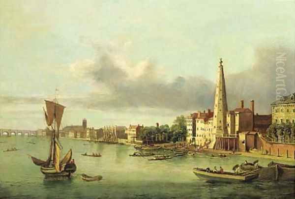 View of the York buildings and the waterworks tower from the Thames, Westminister Bridge and Abbey beyond - view 1