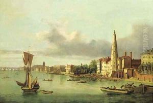 View of the York buildings and the waterworks tower from the Thames, Westminister Bridge and Abbey beyond