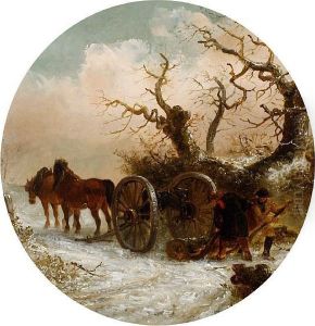 Woodsmen And Horses Moving A Tree Trunk In Asnowy Landscape Woodsmen And Horses Moving A Tree Trunk In Asnowy Landscape