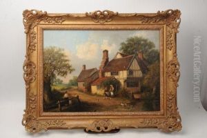 Figures Beside A Country Cottage With Ducks Inpond