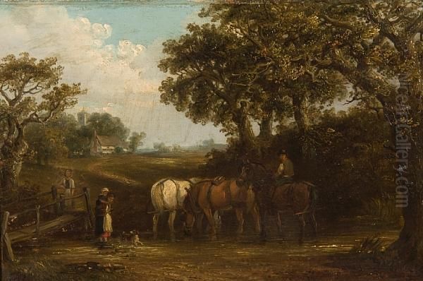 The Log Drag; Horses Watering Before A Village - view 1