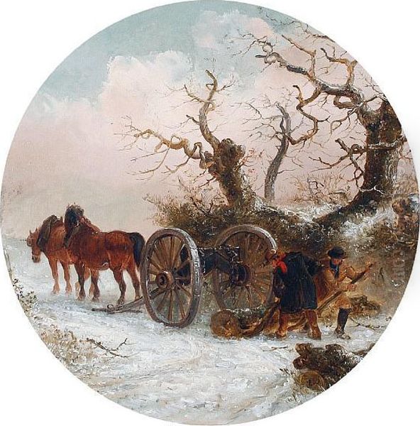 Woodsmen And Horses Moving A Tree Trunk In A Snowy Landscape - view 1