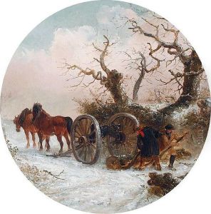 Woodsmen And Horses Moving A Tree Trunk In A Snowy Landscape Woodsmen And Horses Moving A Tree Trunk In A Snowy Landscape