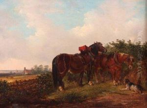 Two Workhorsesand Dog In A Suffolk Landscape by Thomas Smythe