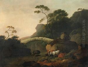 Figures And Cattle By A Stone Bridge by Thomas Smythe