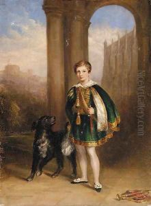 A boy in montem dress, with a dog at his side by Eton College chapel, with Windsor Castle beyond