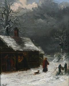 A Snow Laden Winter Scene With Stable To The Fore, A Lady And Dog On A Path by Thomas Smythe