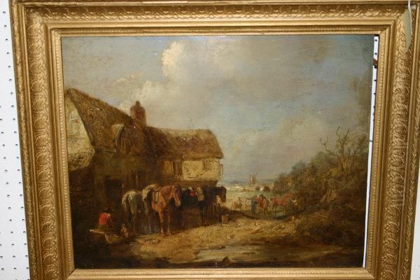 Thatched Building With Horses
And Figures, A Windmill In The Background, A Figure Seated With Begging
Dog In Foreground - view 1
