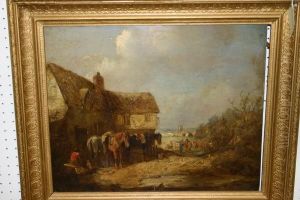 Thatched Building With Horses 
And Figures, A Windmill In The Background, A Figure Seated With Begging 
Dog In Foreground